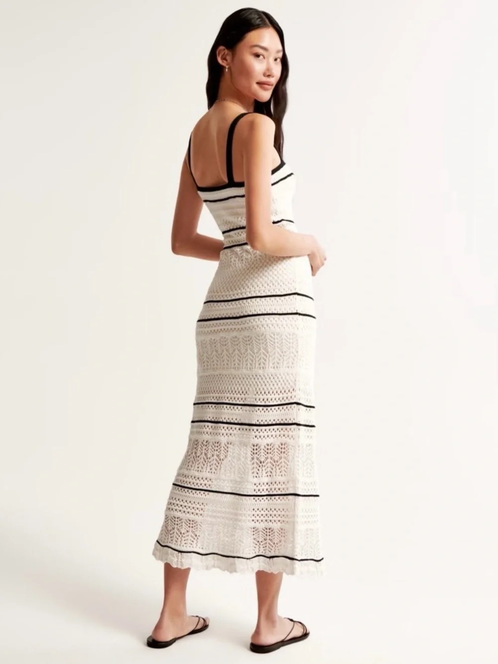 Abercrombie Crochet Knit Maxi Dress Cream Black Trim Boho NWT XXS